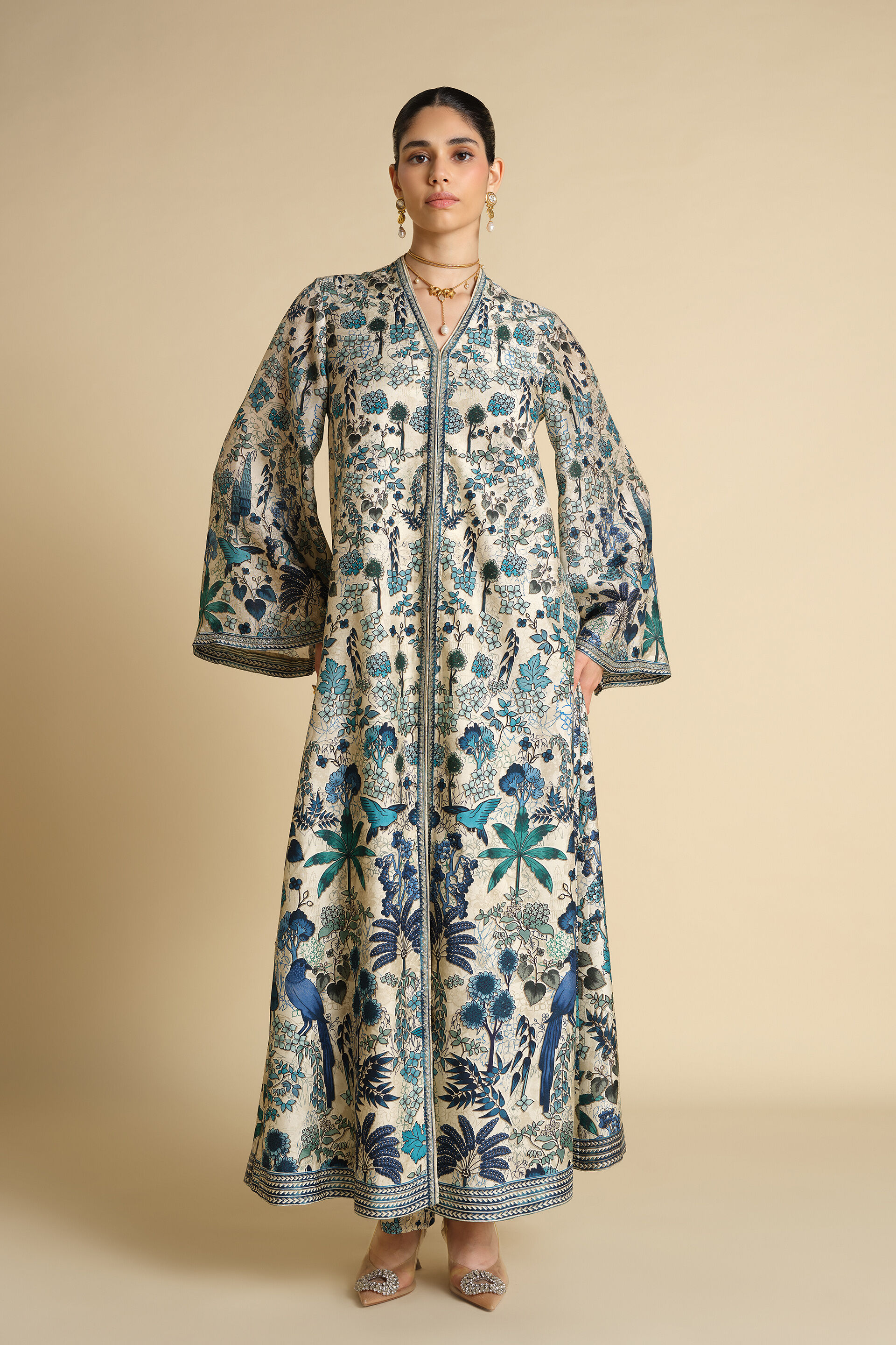 Avis Printed Silk Jacket Set - Beige